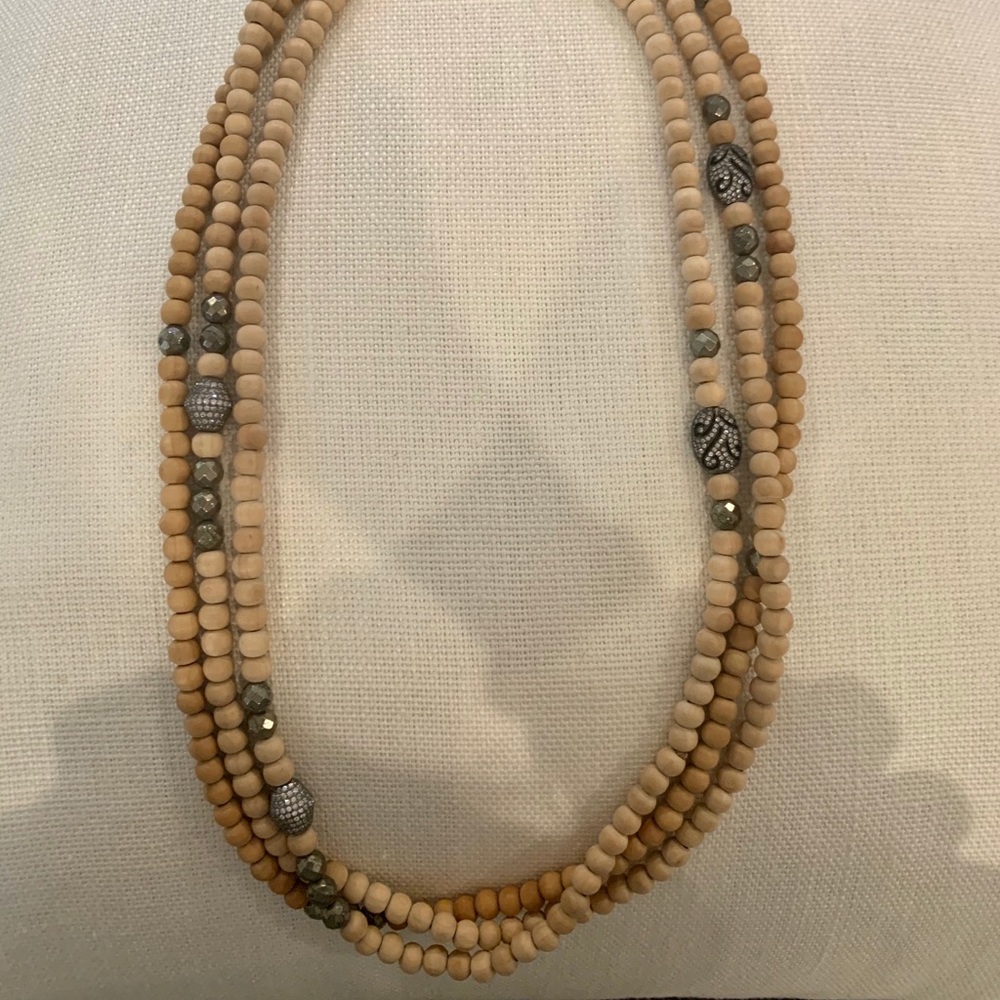 Set of TWO wooden and silver bead necklaces